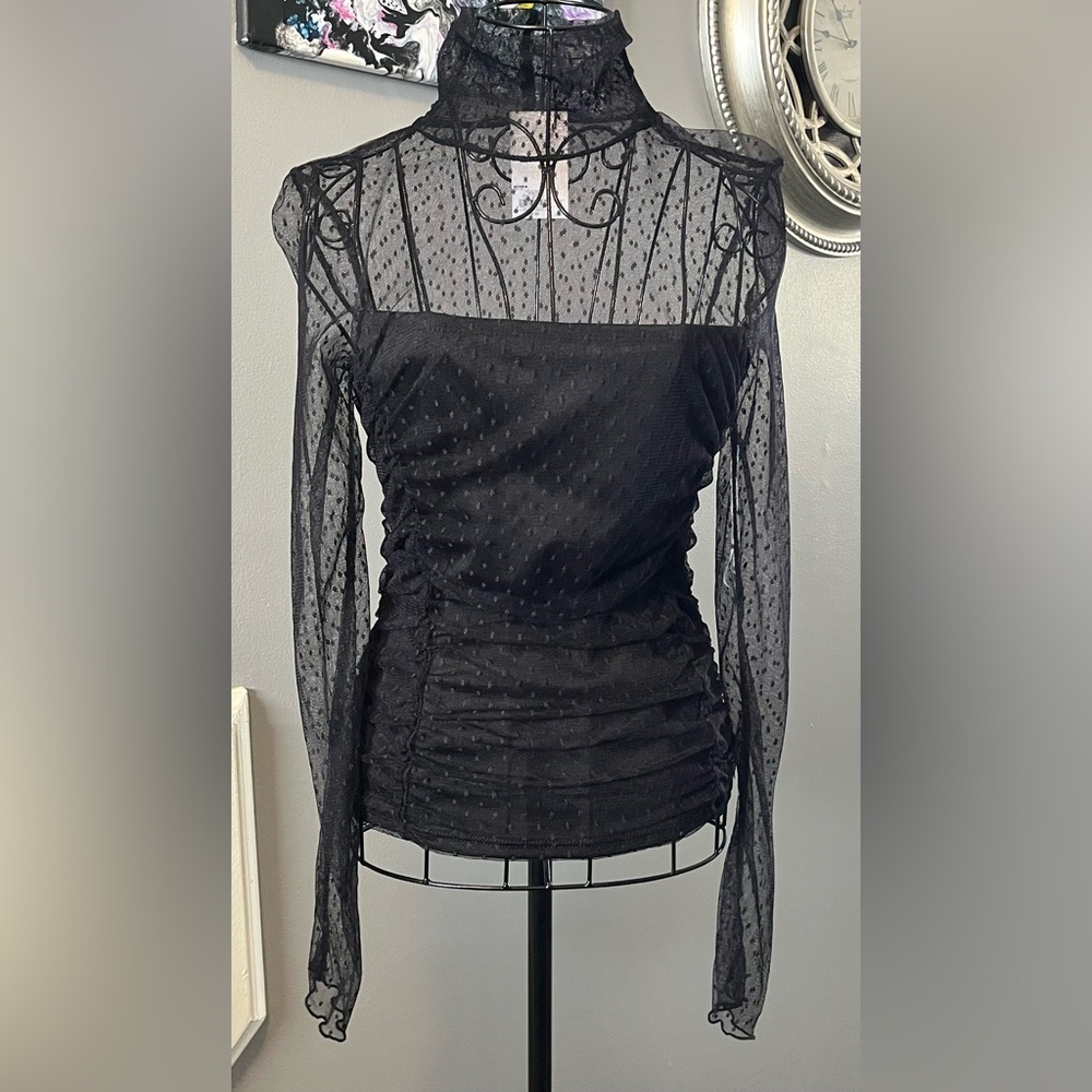 SO Black Sheer Polka Dots Wednesday Adams Style Women's Blouse Long Sleeve